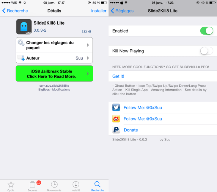 Cydia Slide2Kill8, fermer toutes les applications iPhone / iPad (iOS 8)