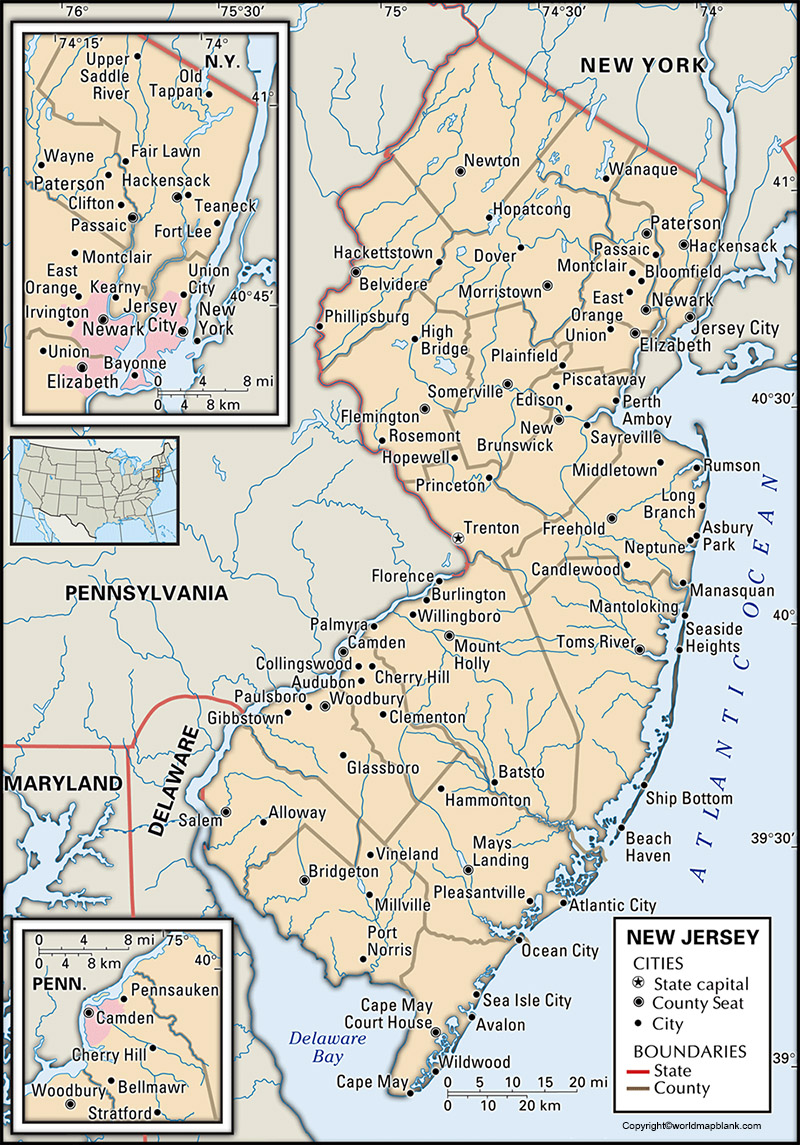 Labeled Map of New Jersey World Map Blank and Printable