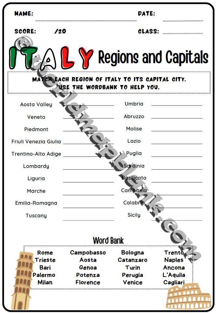 Italy Map Worksheets Regions & Capitals World Map Blank