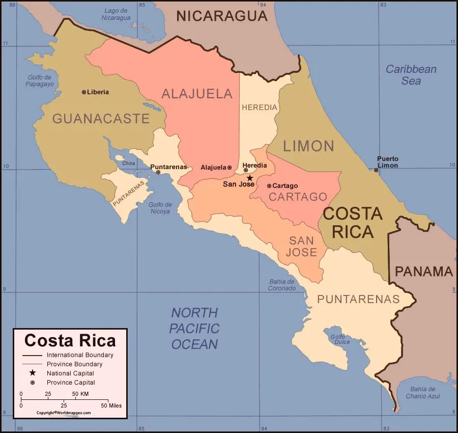 Labeled Costa Rica Map with States Capital and Cities