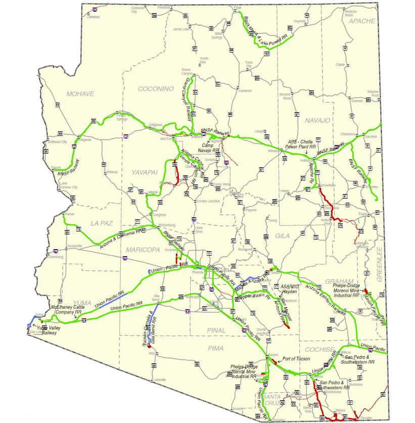 Free Arizona Railroad Map And The 8 Major Railroads In Arizona