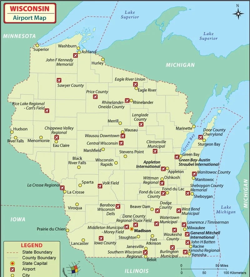 Free Wisconsin Airports Map And The Top 6 Airports In Wisconsin