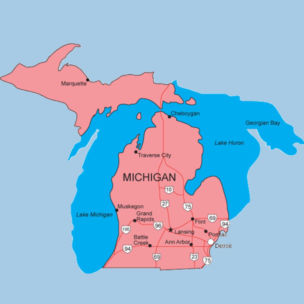 Printable Michigan Outline Map: Editable Capitals & Cities