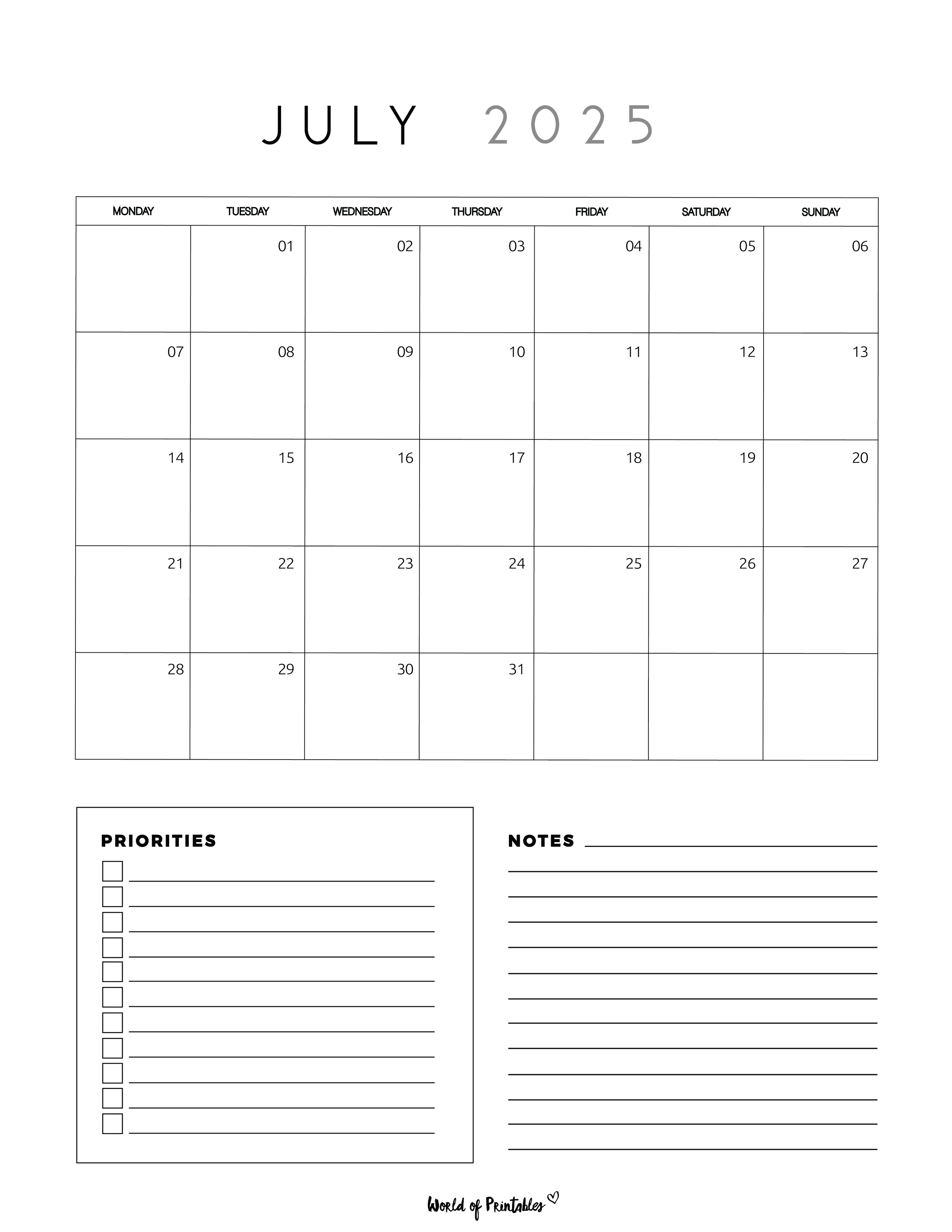 Free Printable July 2025 Calendars 100+ Best World of Printables