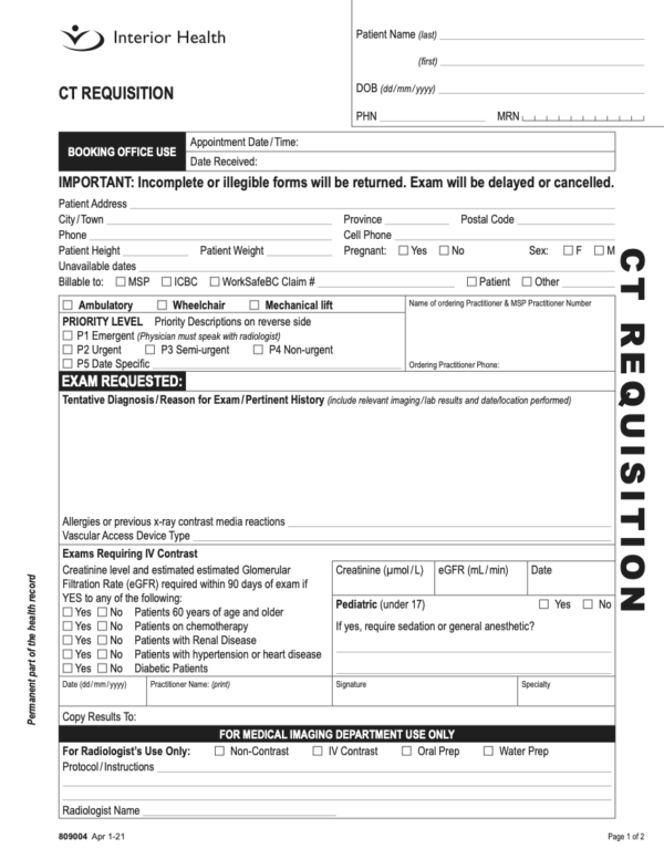 Interior Health CT Requisition World OSCAR