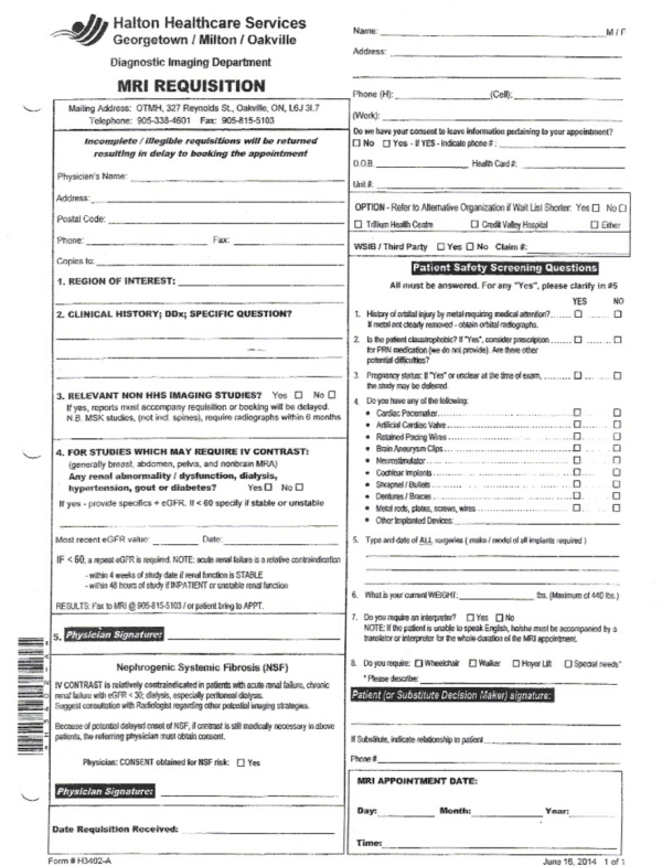 Halton Healthcare (Oakville, Milton, MRI requisition eForm World OSCAR