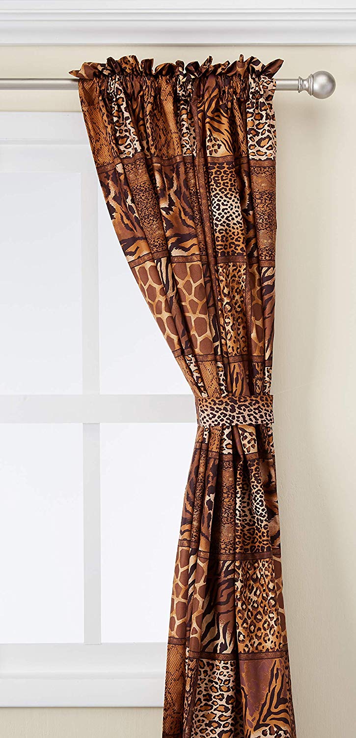 4Piece Brown Zebra Print Curtain Set with 2 Panels and