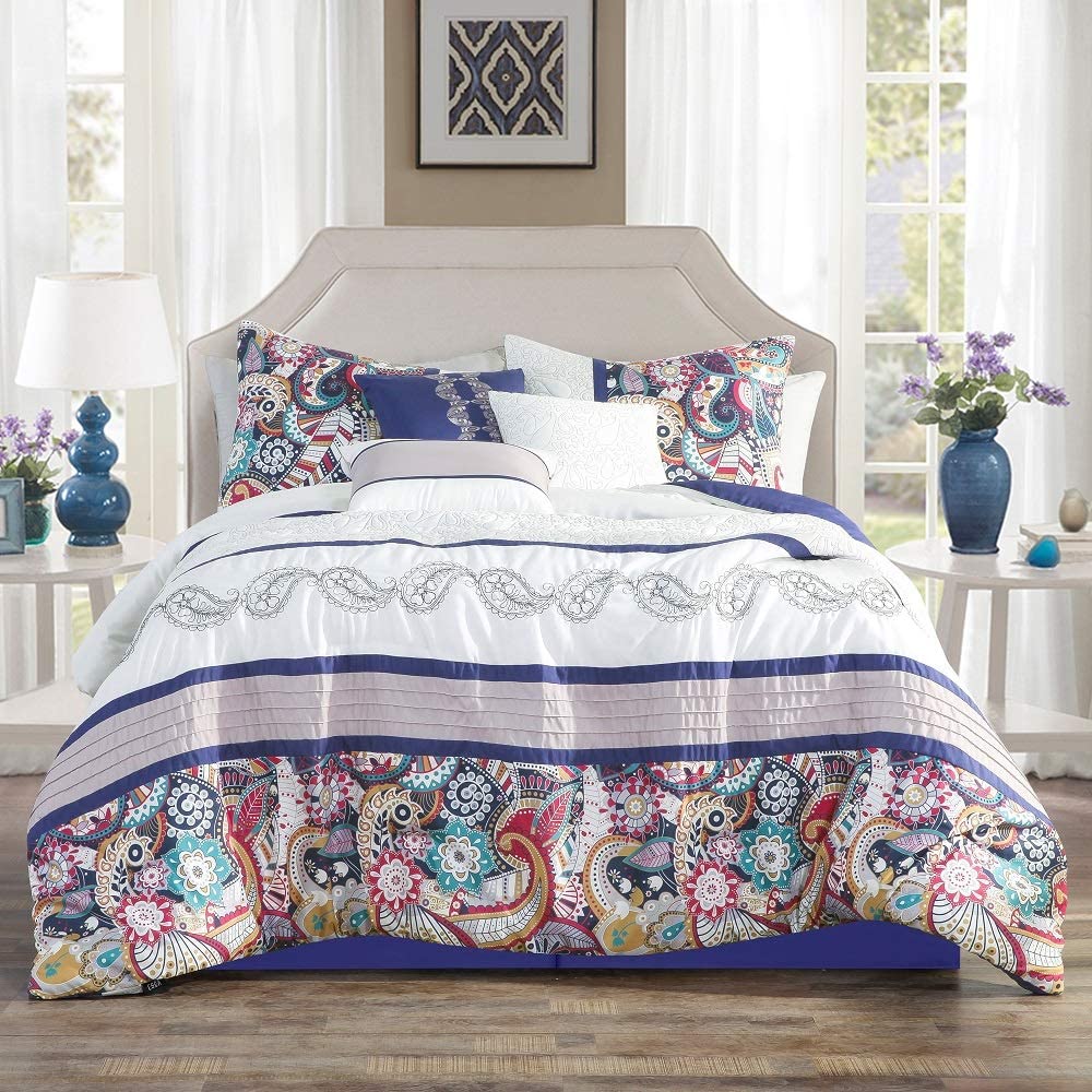WPM 7 Piece Paisley Design Print ComforterSet Multicolor King Size Bed