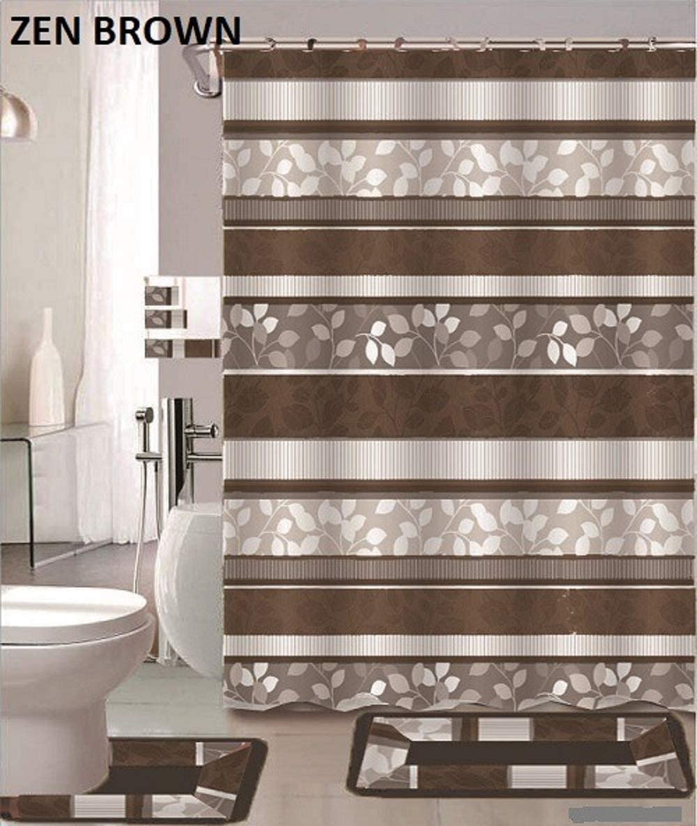 18 Piece Brown bathroom set with rugsmats,shower curtain,rings&towels
