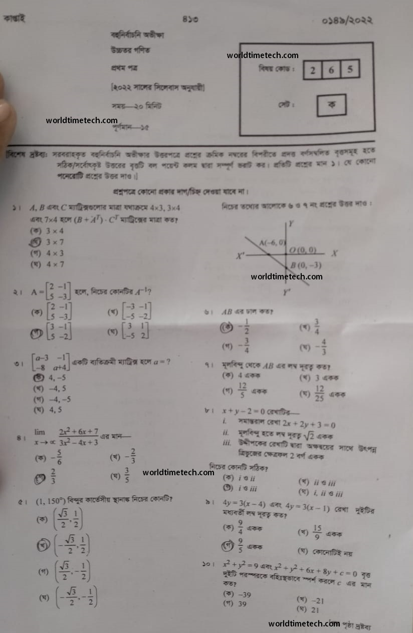 HSC Higher Math 1st Paper Question and MCQ 2022