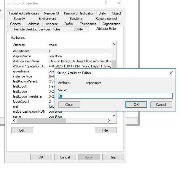 Using Attribute Editor in Active Directory Users and Computers