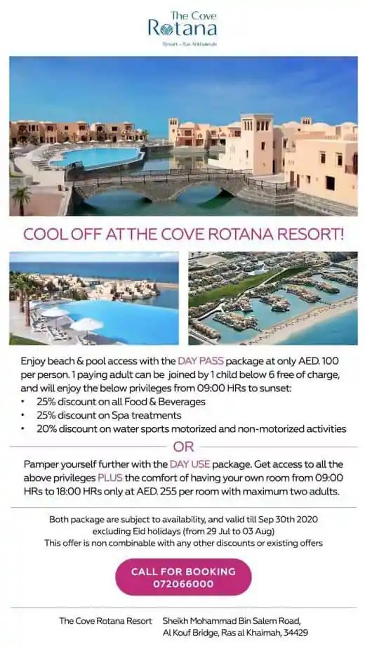 Day Pass offer at Cove Rotana Resort Ras Al Khaimah WOWRAK