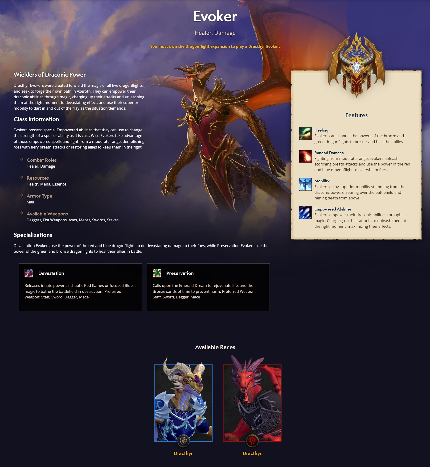 Evoker Landing Page Highlights Unique Features and Class Crest 