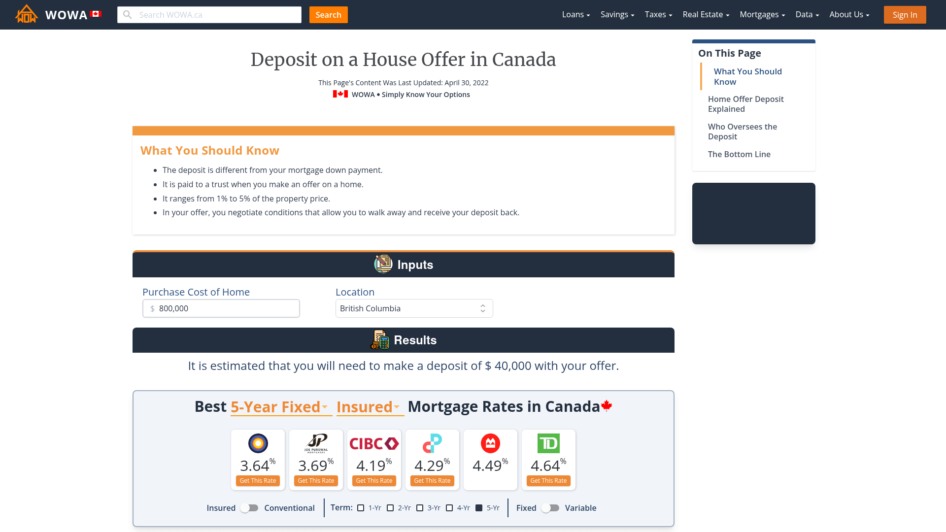 House Deposit Amount in Canada WOWA.ca