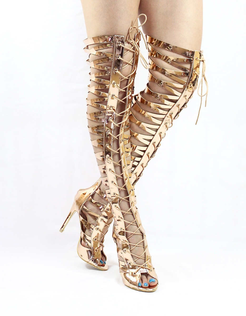 Gladiator Rose Gold Wowtrendz Thigh High Lace Up Sandals Boots