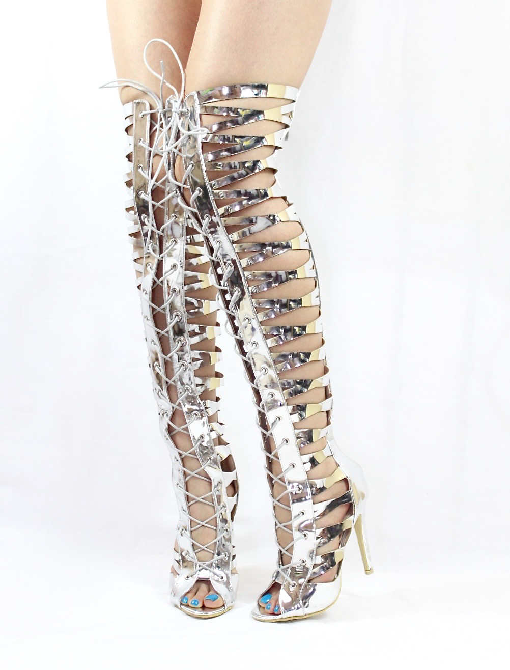 Gladiator Silver Wowtrendz Thigh High Lace Up Sandals Boots
