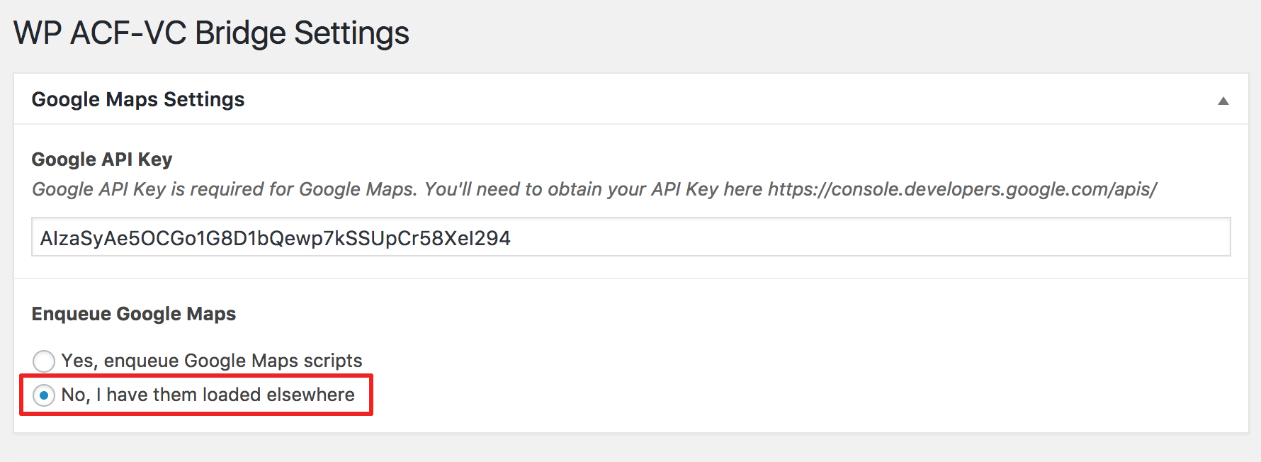Enqueue Google Maps Script wpacfvcbridgedisableloadinggooglemapsscript WP ACFVC Bridge