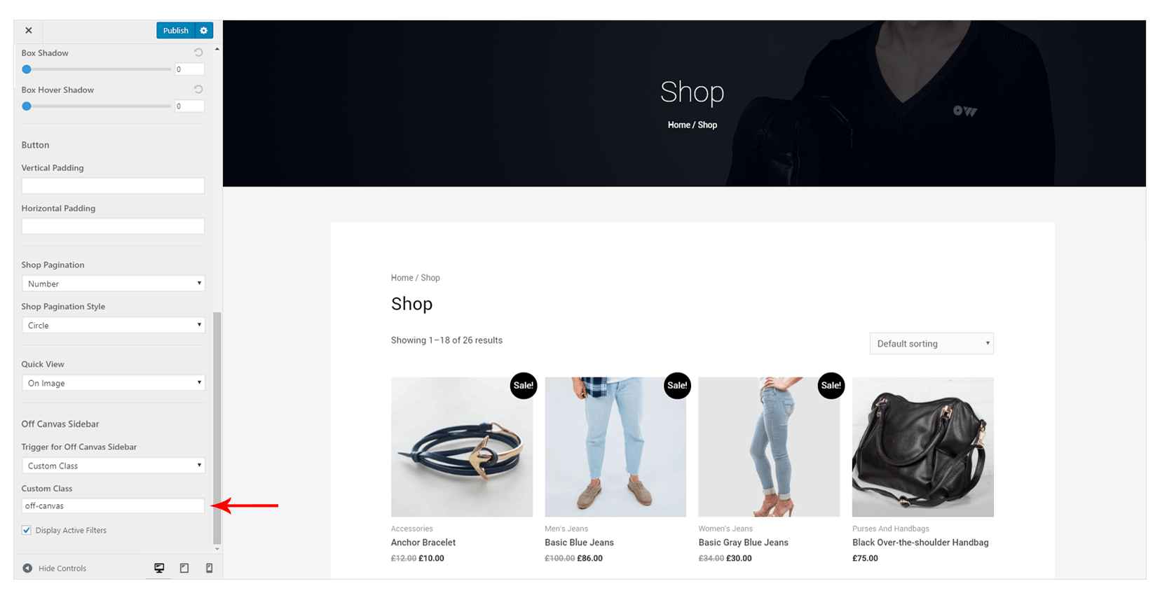 Off Canvas Sidebar for Shop Page Astra