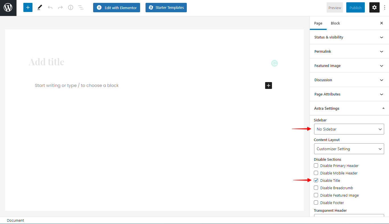 Settings for Elementor and the Astra Theme