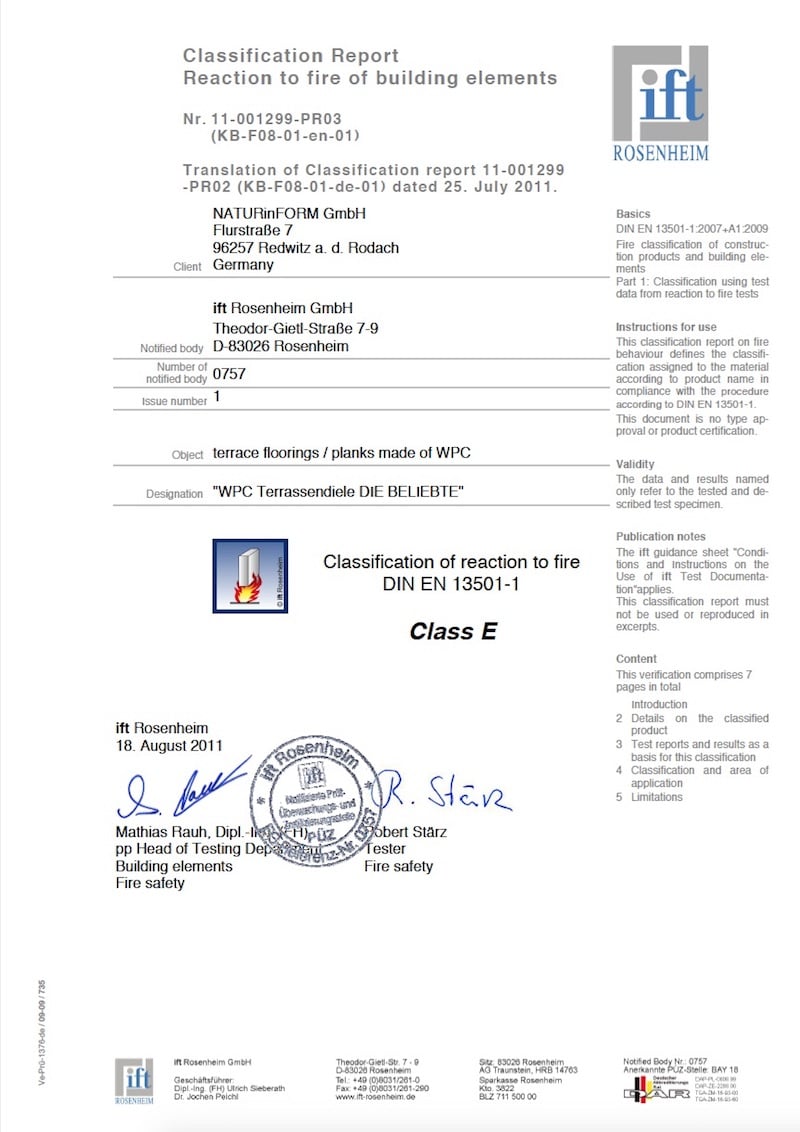 Popular Reaction to fire Classification Report WPC sistemi