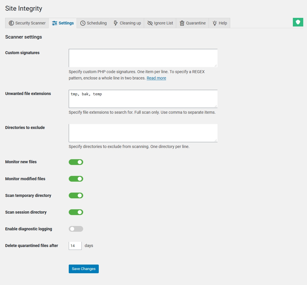 Configuring the WP Cerber scanner settings WordPress security plugin