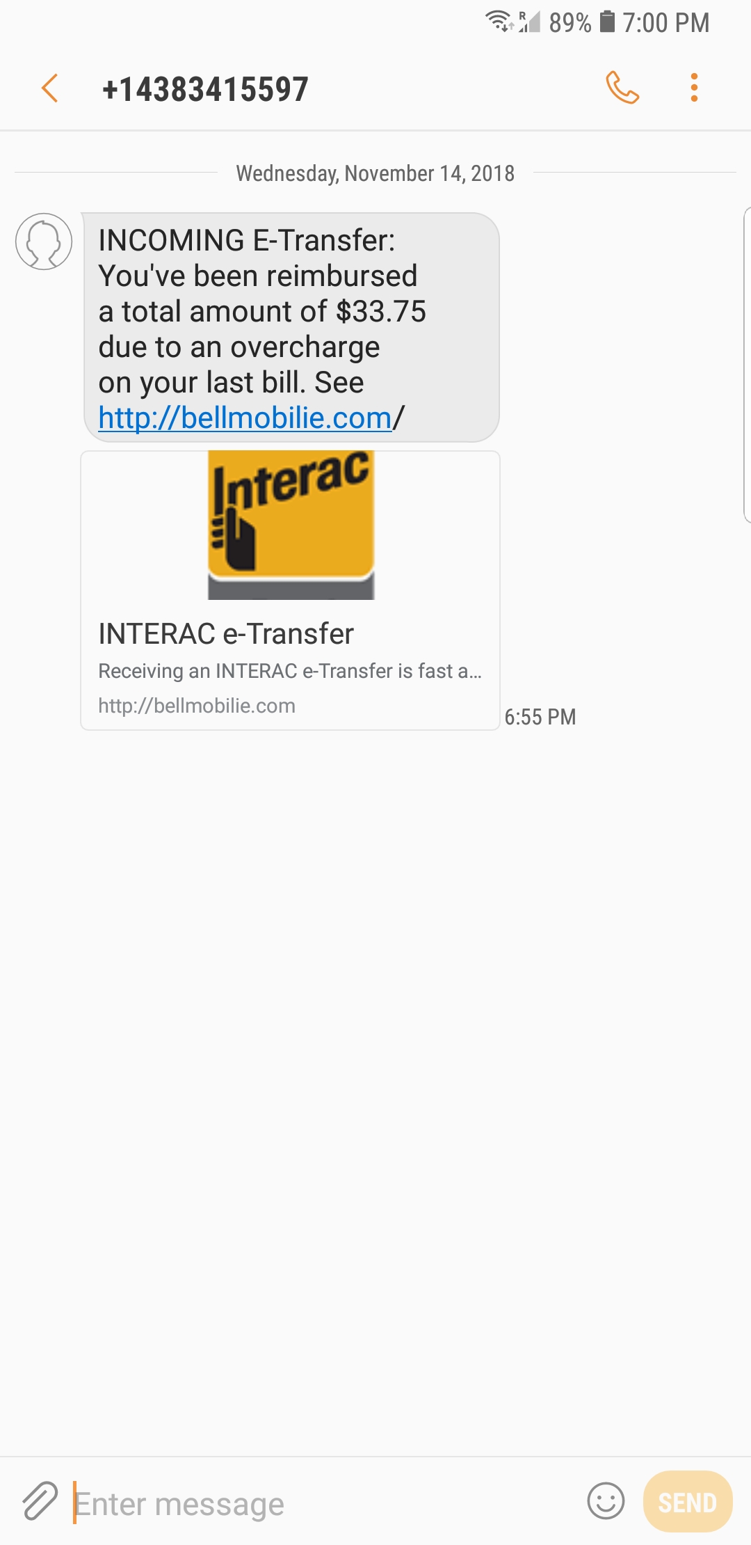 Bell Mobilie Text Scam for Interact eTransfer WP Computer Solutions