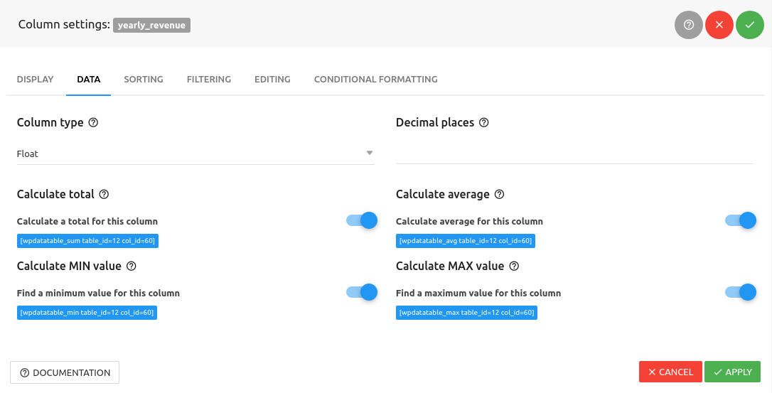 Float columns wpDataTables Tables and Charts WordPress Plugin