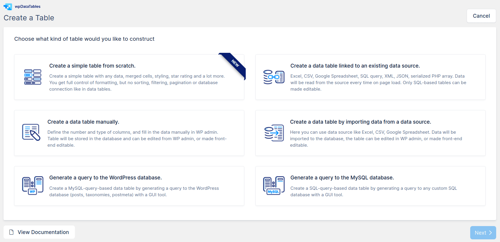 Creating a table in WordPress using the Wizard wpDataTables Tables