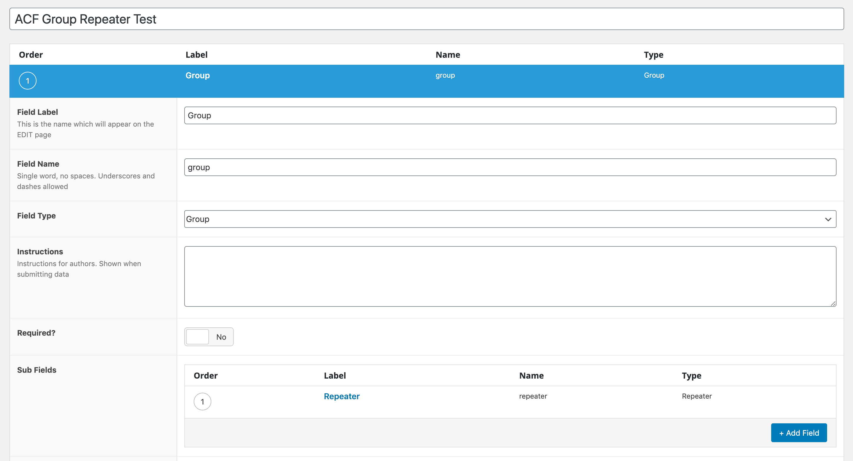 Use ACF repeater inside a group in Advanced Custom Fields