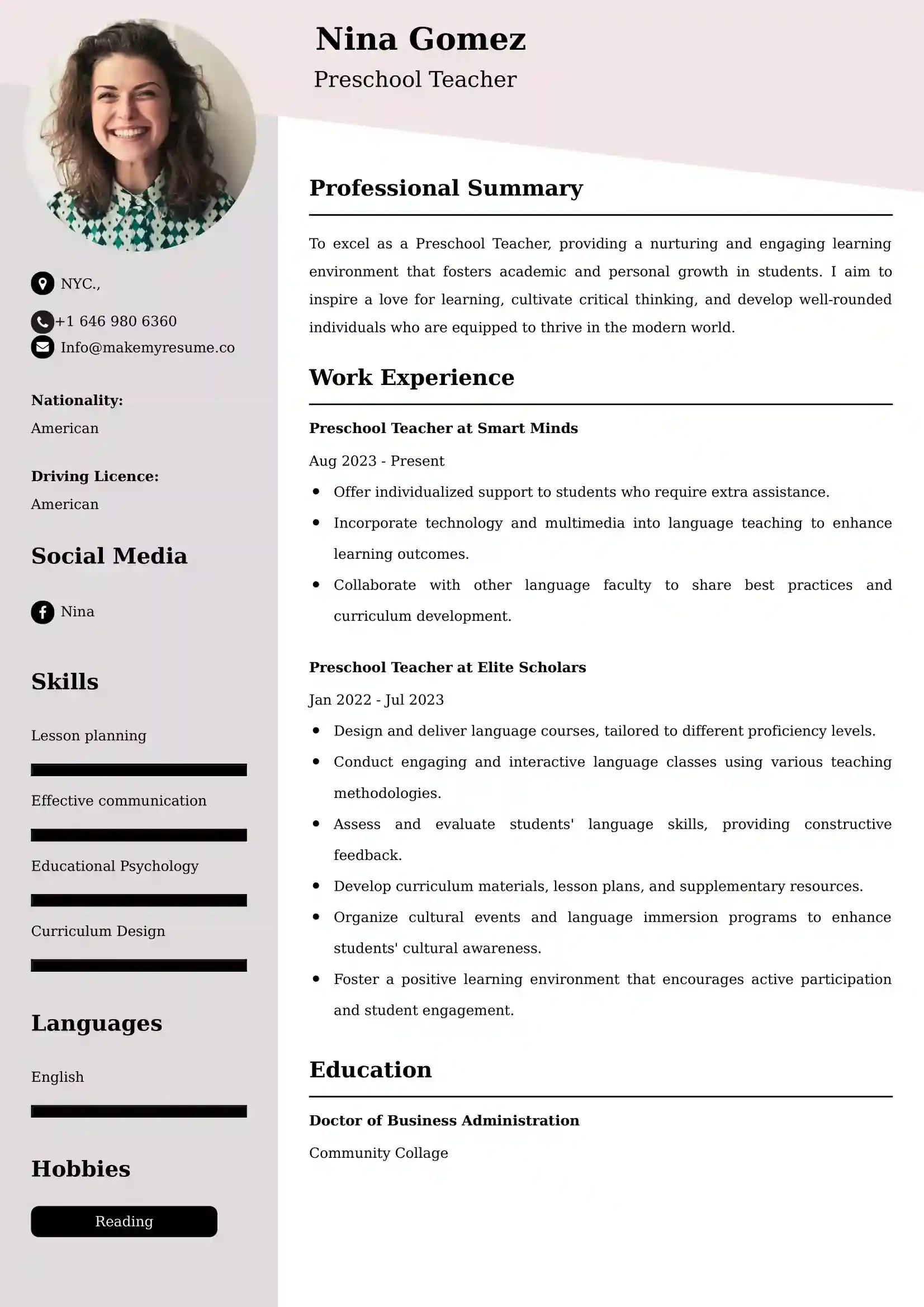Preschool Teacher Resume Examples for UAE