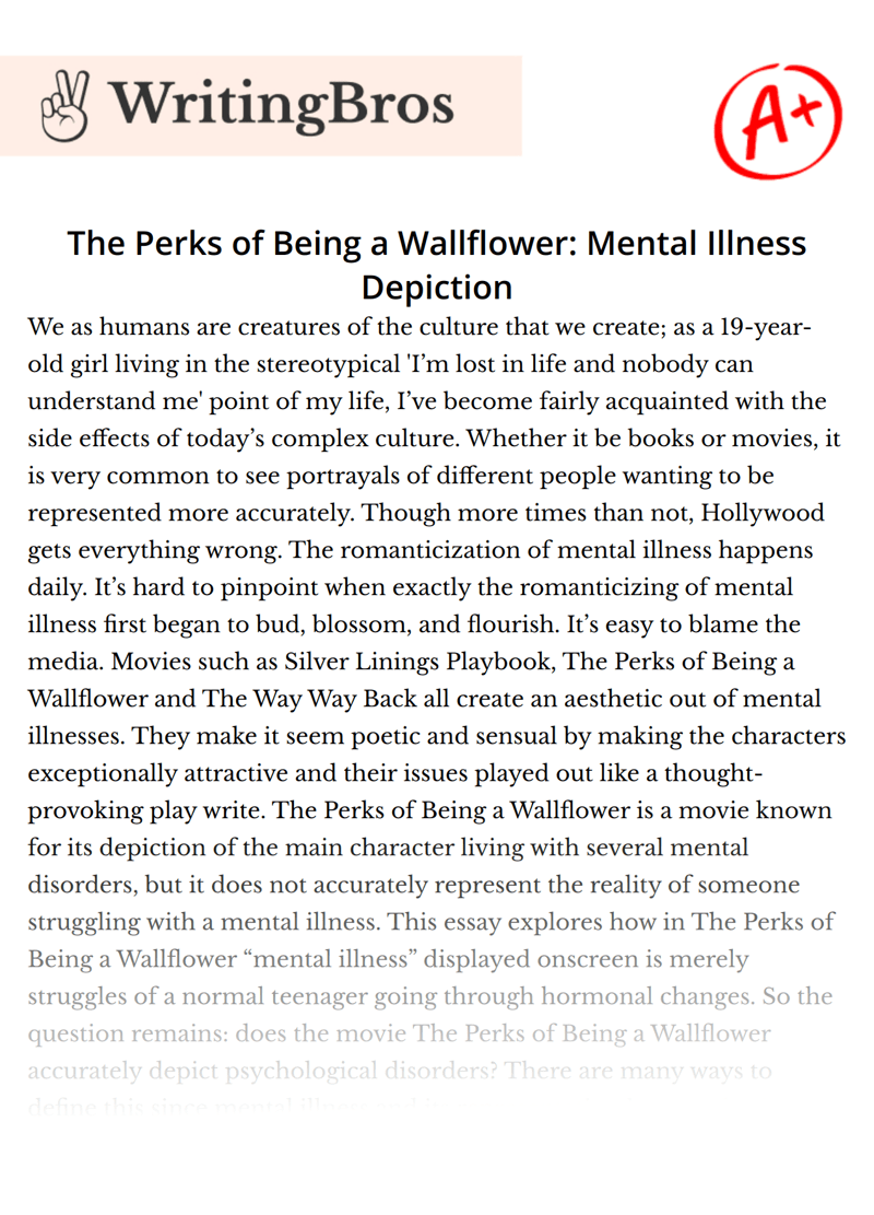 The Perks of Being a Wallflower Mental Illness Depiction [Free Essay