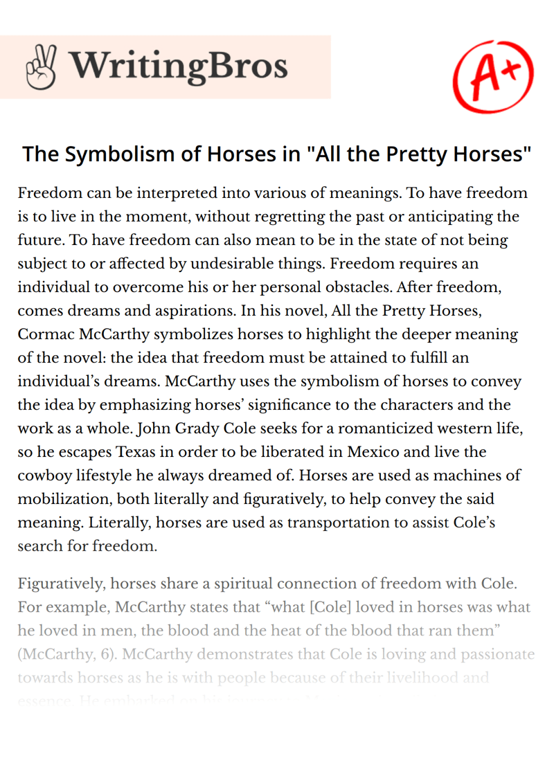 The Symbolism of Horses in "All the Pretty Horses" [Free Essay Sample