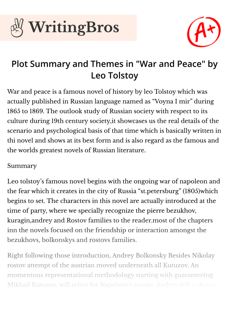 Plot Summary and Themes in "War and Peace" by Leo Tolstoy [Free Essay