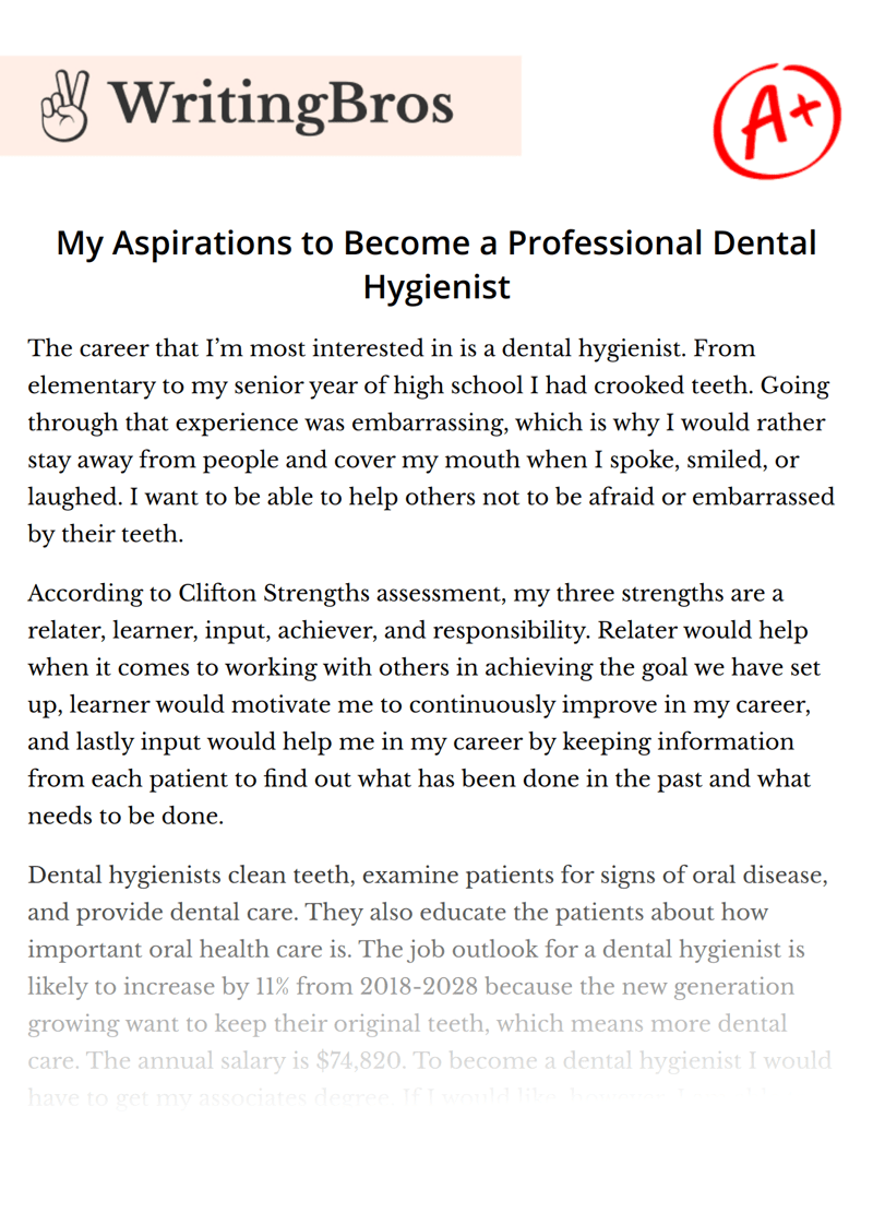 My Aspirations to a Professional Dental Hygienist [Free Essay Sample], 961 words