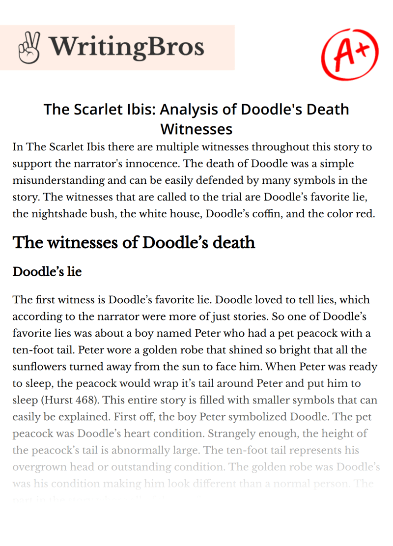 The Scarlet Ibis Analysis of Doodle's Death Witnesses [Free Essay Sample], 1045 words WritingBros