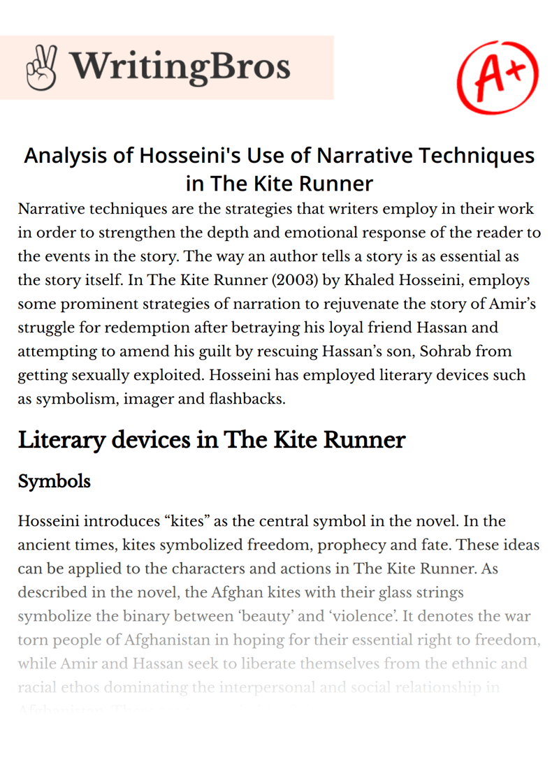 Analysis of Hosseini's Use of Narrative Techniques in The Kite Runner