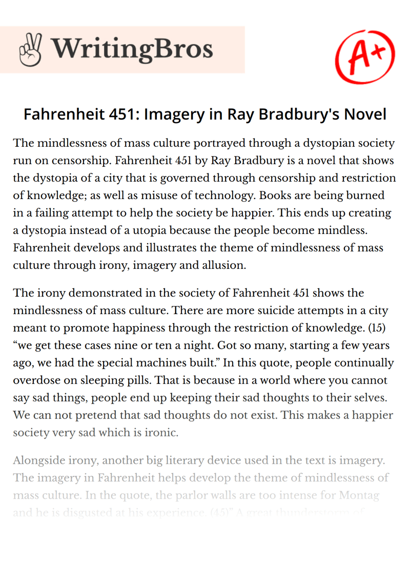Fahrenheit 451 Imagery in Ray Bradbury's Novel [Free Essay Sample