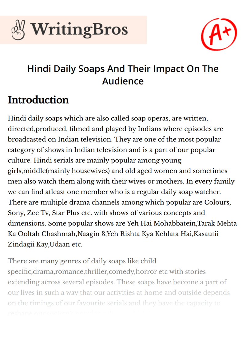 Hindi Daily Soaps And Their Impact On The Audience [Free Essay Sample