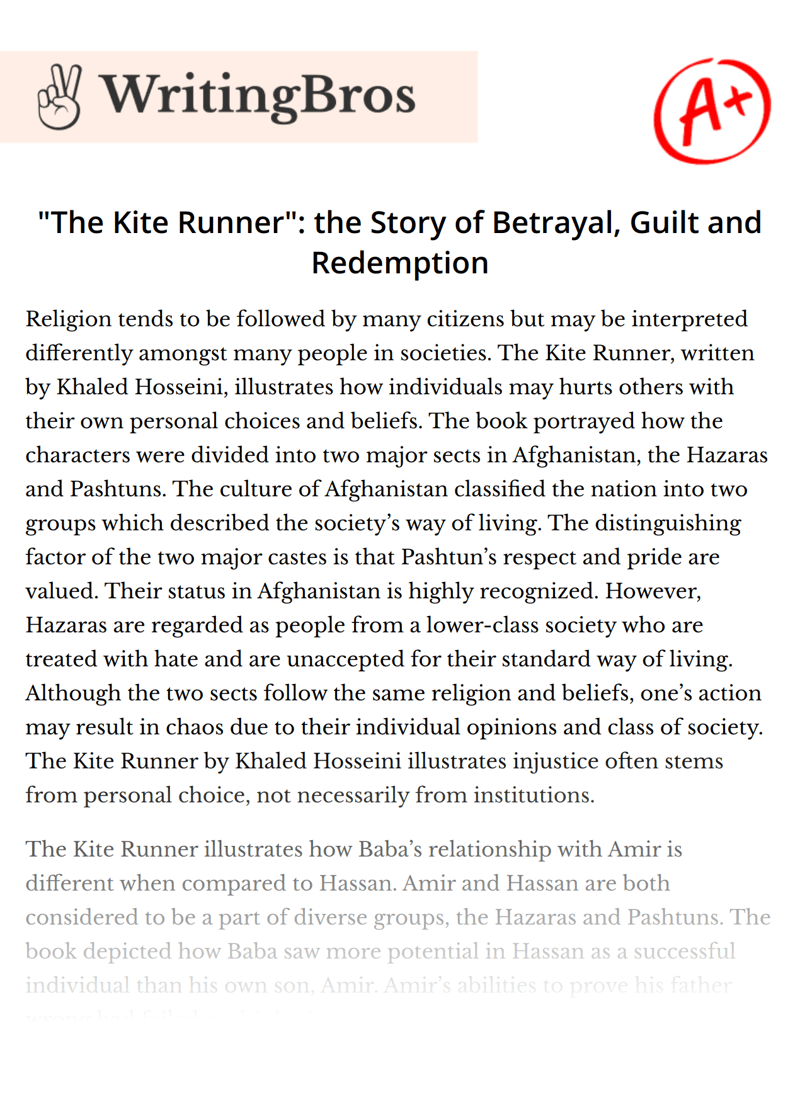 "The Kite Runner" the Story of Betrayal, Guilt and Redemption [Free Essay Sample], 1592 words
