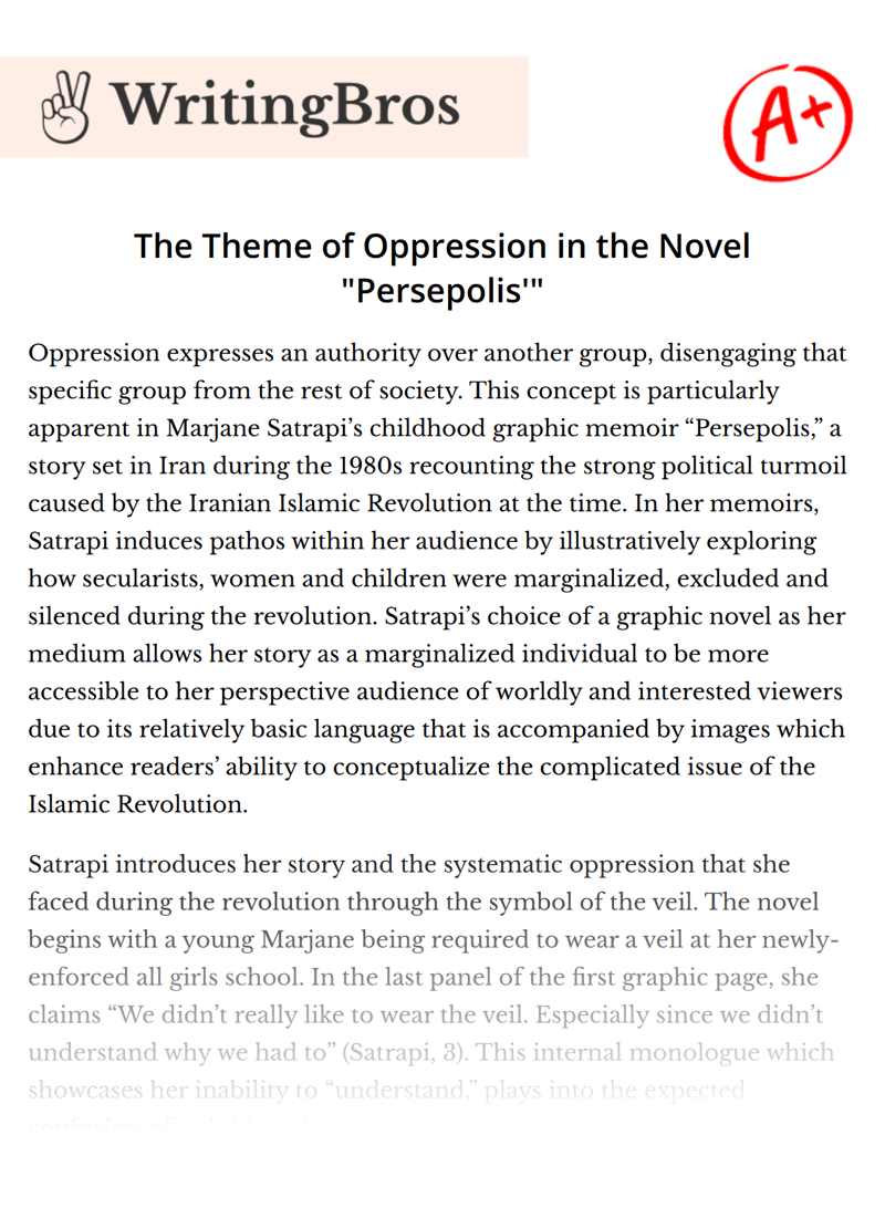 The Theme of Oppression in the Novel "Persepolis'" [Free Essay Sample