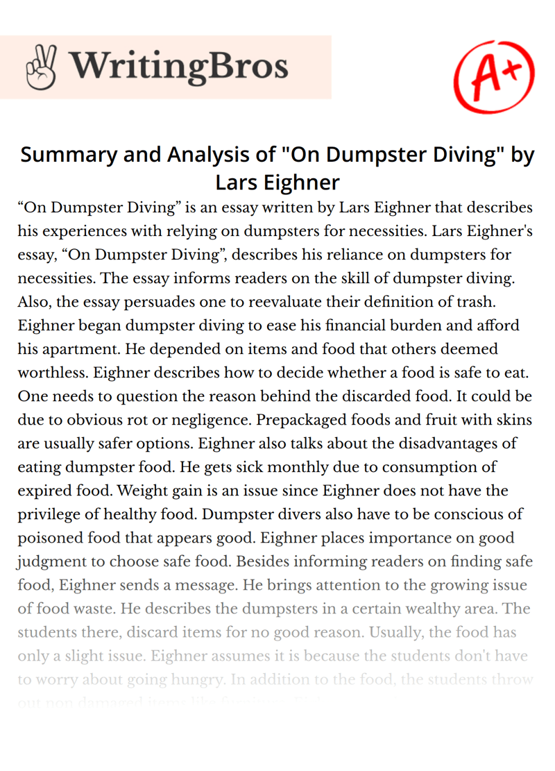 Summary and Analysis of "On Dumpster Diving" by Lars Eighner [Free