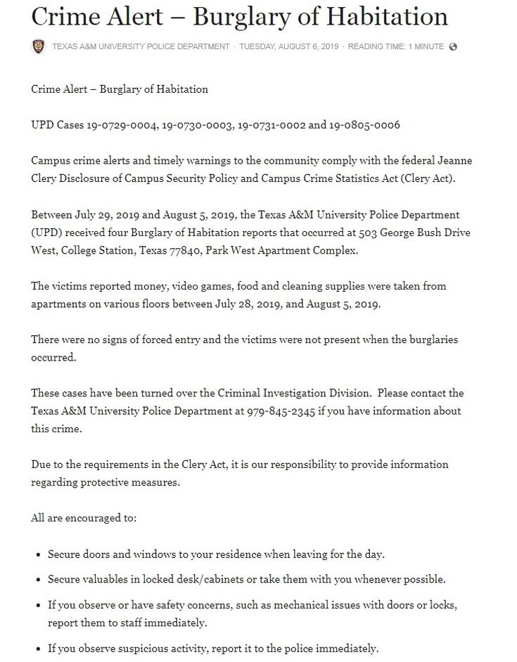 Four Texas A&M Apartment Burglaries In A Seven Day Period At The Same