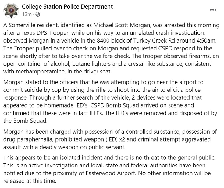 DPS Trooper Finds Two IED's In A SUV North Of Easterwood Airport WTAW