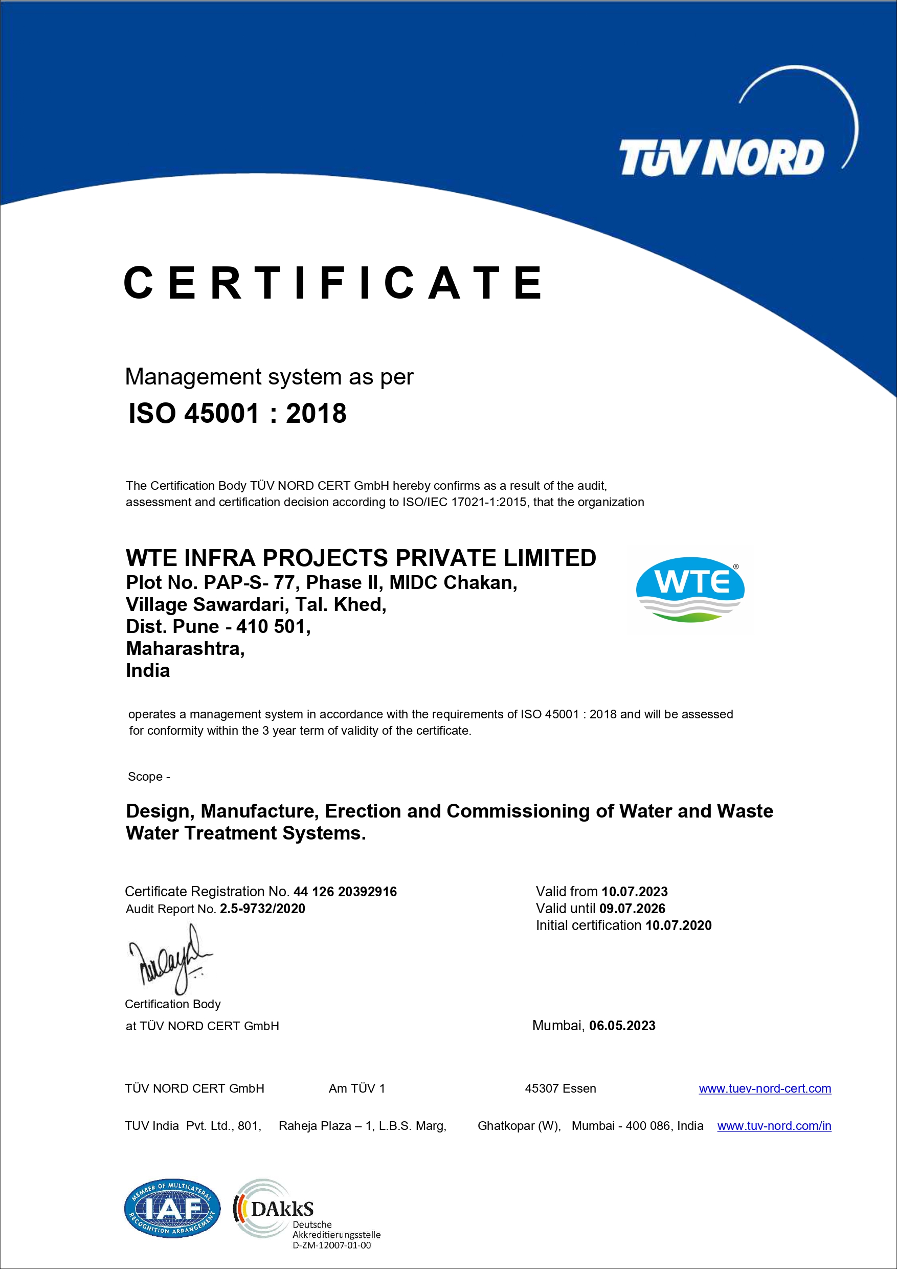 Certifications Certified Water Treatment Plant Supplier