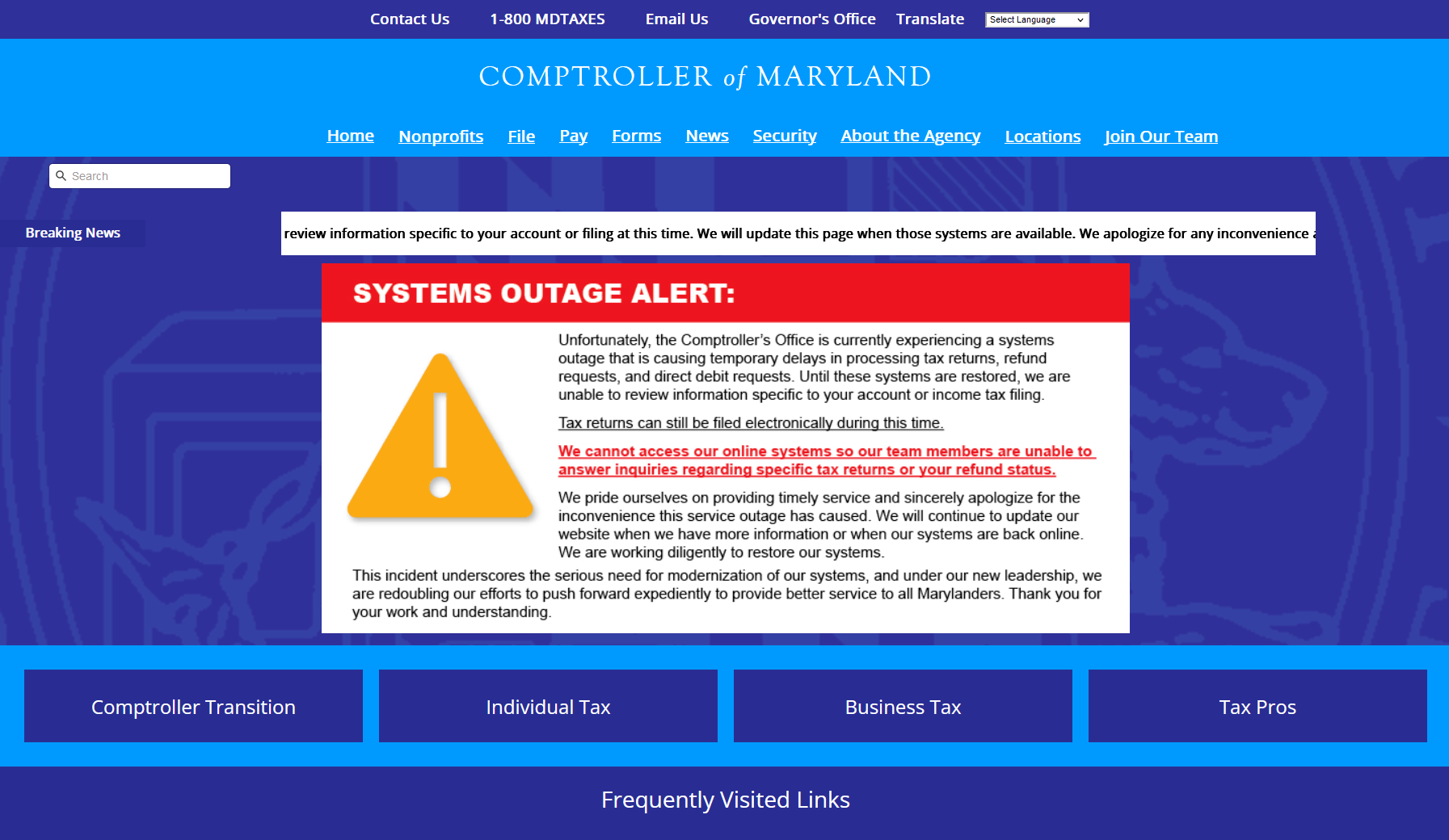 Maryland comptroller system outage delays tax return process