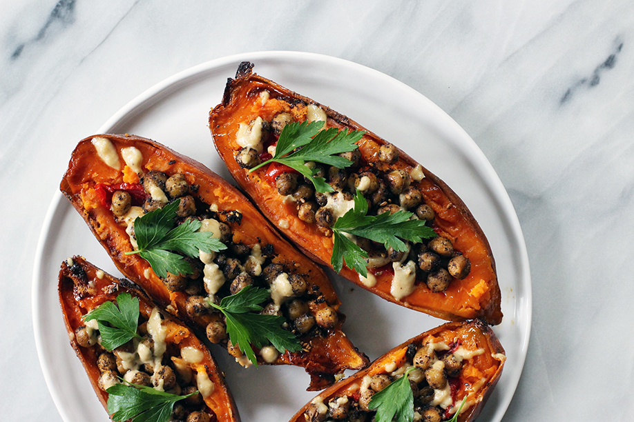 Baked Yams with Za'atar Chickpeas, Roasted Garlic and Tomato Drizzled