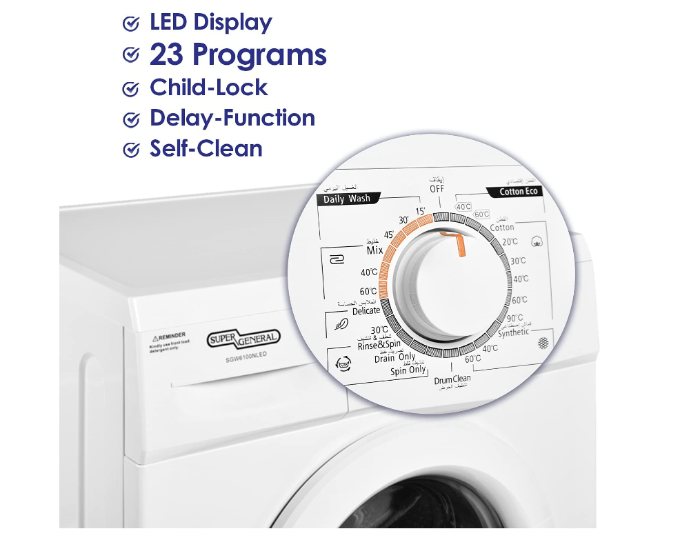 Super General 6 kg Front Loading Washing Machine 6100NLED, CnG.GCC