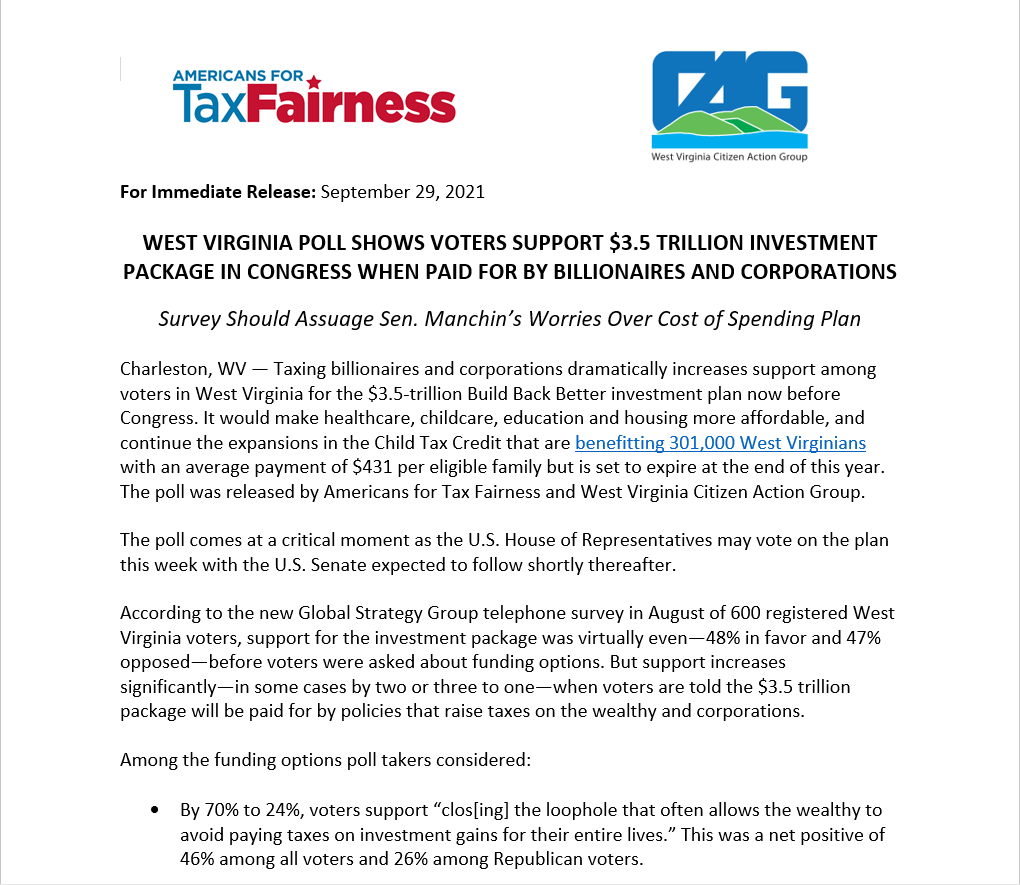 PRESS RELEASE West Virginia Poll Shows Voters Support 3.5 Trillion Investment Package In