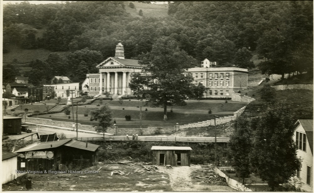 Distant view of the Wyoming County Courthouse, W. Va. West Virginia