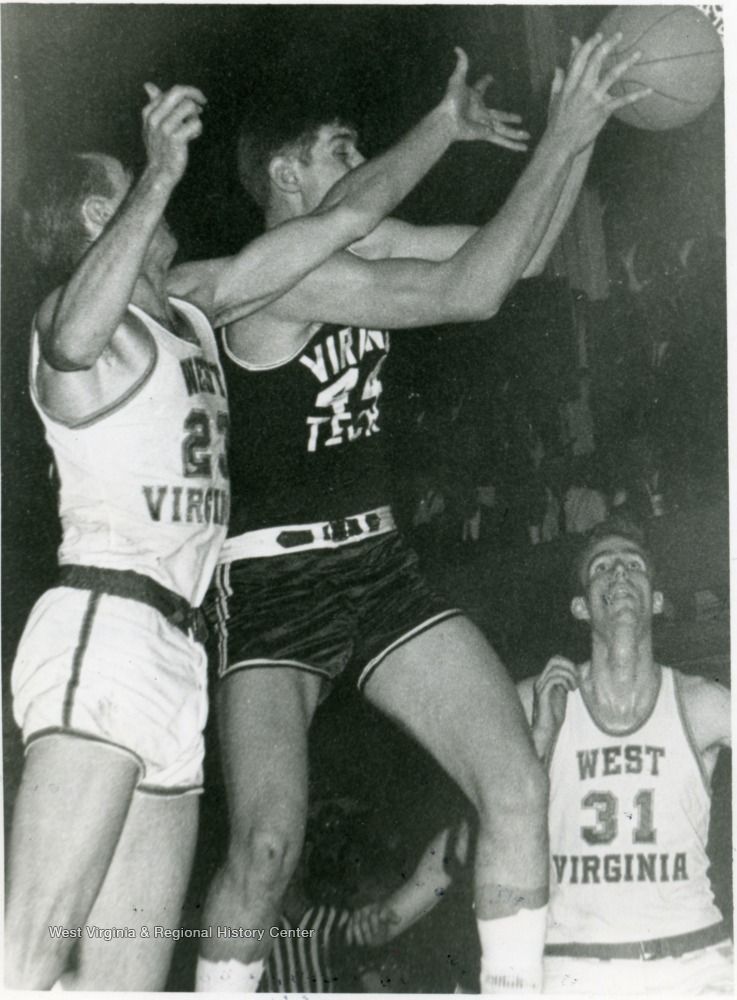 WVU Basketball Players Bill Maphis (23) and Bob Camp (31) vs. Virginia